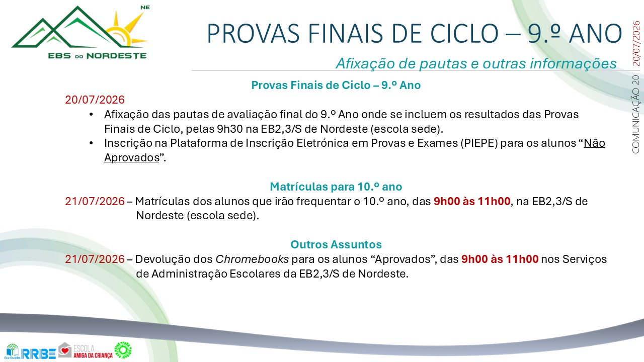 Provas Finais de Ciclo – Afixação de pautas da 1.ª Fase e outras informações